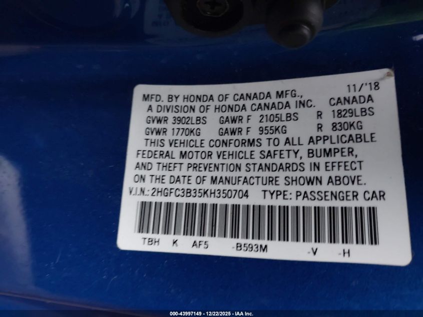 2019 Honda Civic Ex VIN: 2HGFC3B35KH350704 Lot: 43997149