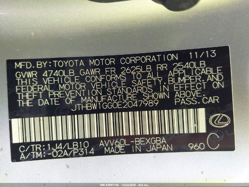 2014 Lexus Es 300H VIN: JTHBW1GG0E2047989 Lot: 43997148