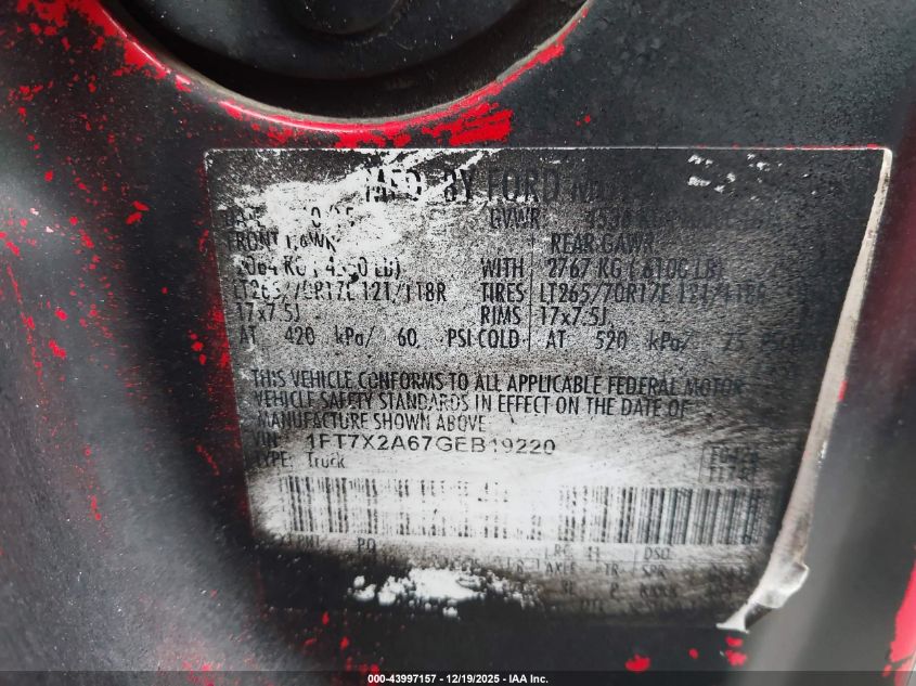 2016 Ford F-250 Xl VIN: 1FT7X2A67GEB19220 Lot: 43997157