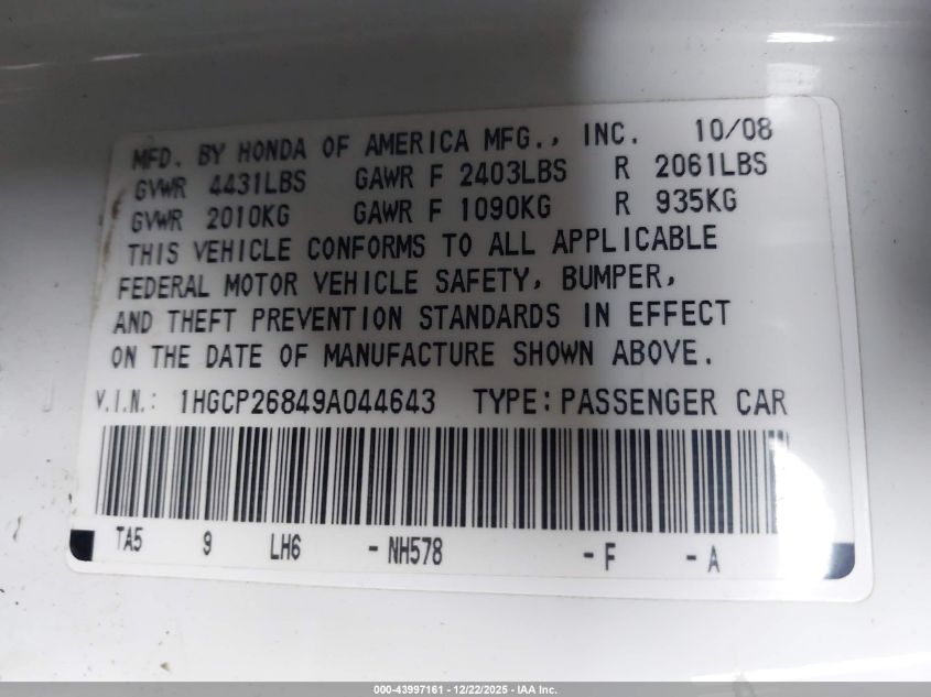 2009 Honda Accord 2.4 Ex-L VIN: 1HGCP26849A044643 Lot: 43997161