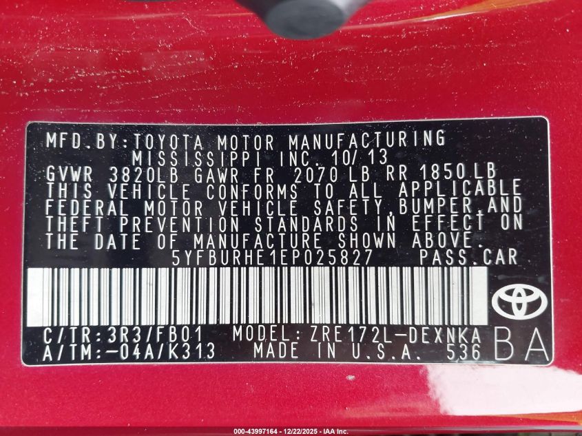 2014 Toyota Corolla Le Plus VIN: 5YFBURHE1EP025827 Lot: 43997164