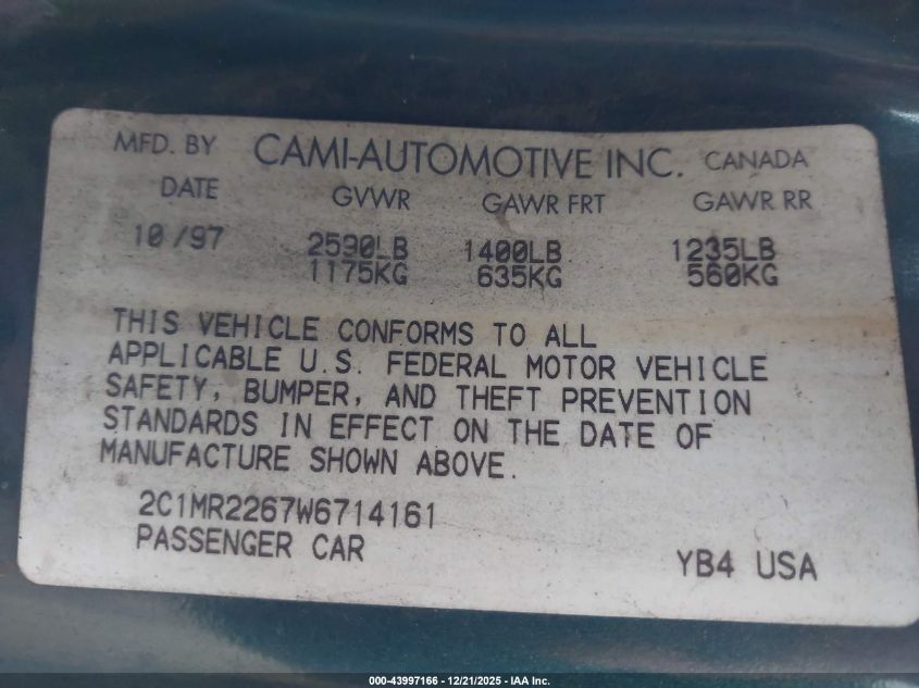 1998 Chevrolet Metro VIN: 2C1MR2267W6714161 Lot: 43997166