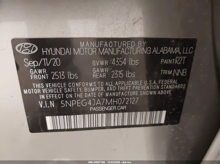 2021 Hyundai Sonata Se VIN: 5NPEG4JA7MH072127 Lot: 43997168
