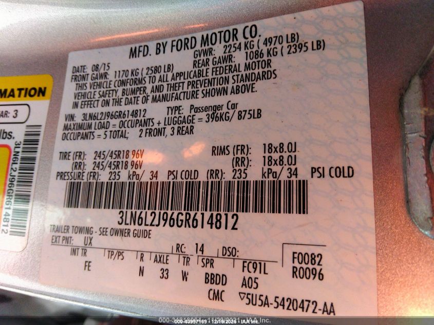 2016 Lincoln Mkz VIN: 3LN6L2J96GR614812 Lot: 43997169