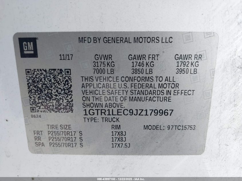 2018 GMC Sierra 1500 VIN: 1GTR1LEC9JZ179967 Lot: 43997180