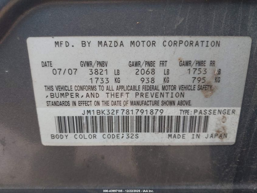 2008 Mazda Mazda3 I VIN: JM1BK32F781791879 Lot: 43997185