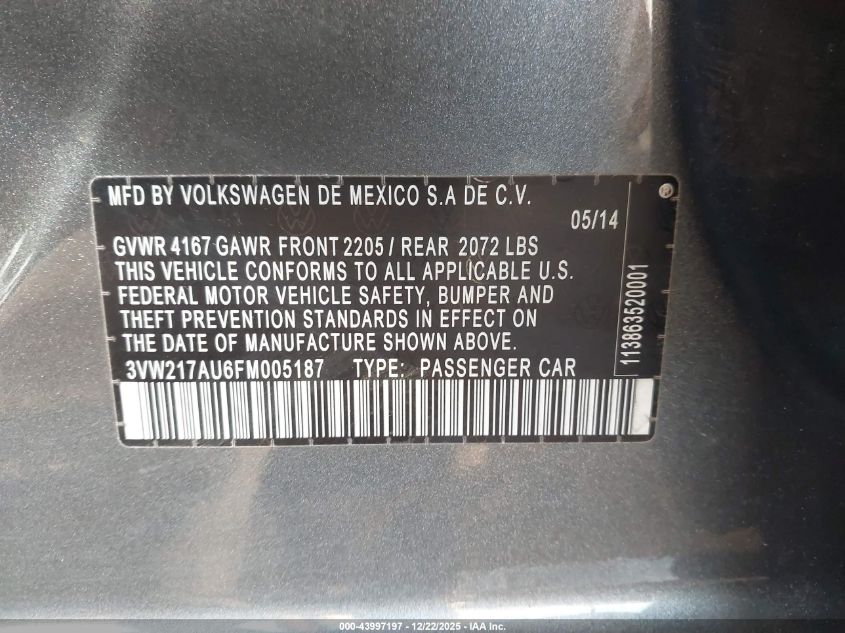 2015 Volkswagen Golf Tsi Se 4-Door VIN: 3VW217AU6FM005187 Lot: 43997197