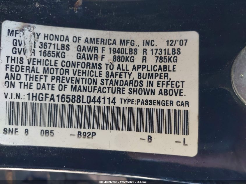 2008 Honda Civic Sdn Lx VIN: 1HGFA16588L044114 Lot: 43997235