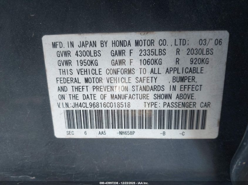 2006 Acura Tsx VIN: JH4CL96816C018518 Lot: 43997236