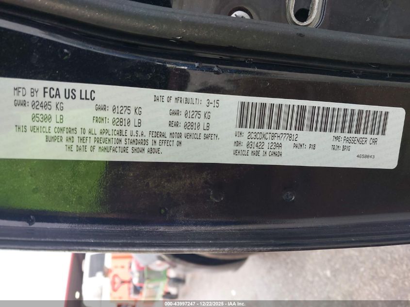 2015 Dodge Charger R/T VIN: 2C3CDXCT8FH777812 Lot: 43997247