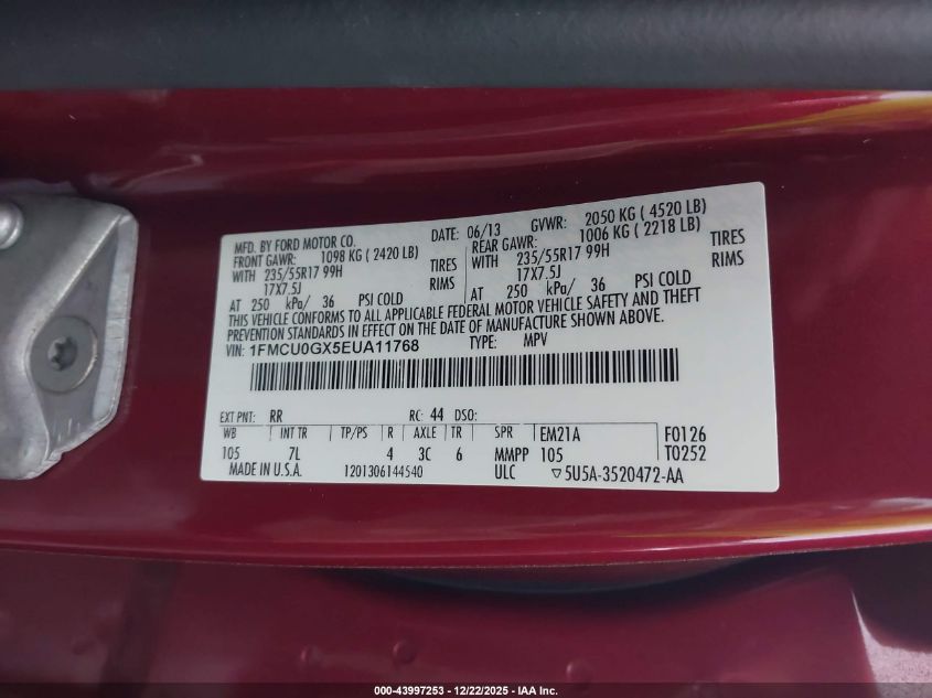 2014 Ford Escape Se VIN: 1FMCU0GX5EUA11768 Lot: 43997253