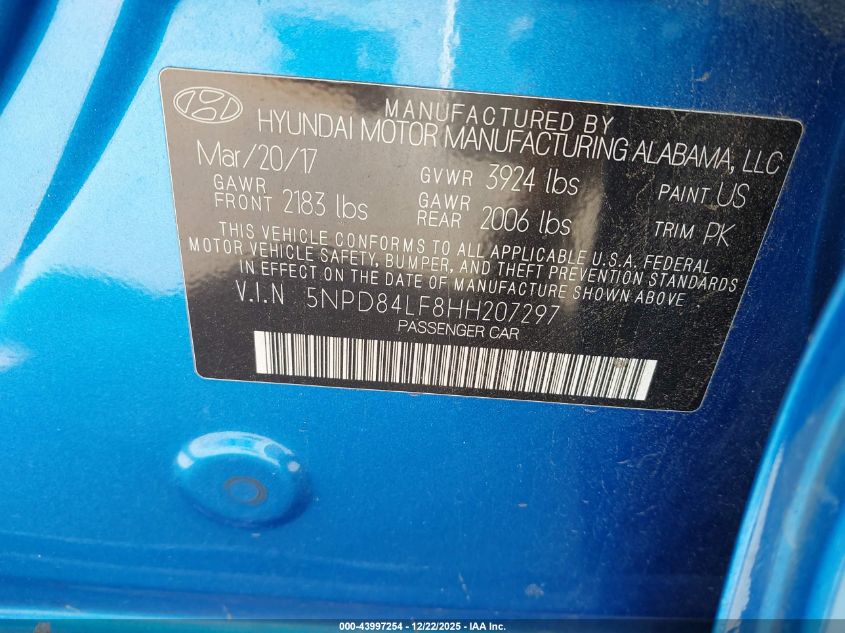 2017 Hyundai Elantra Se VIN: 5NPD84LF8HH207297 Lot: 43997254