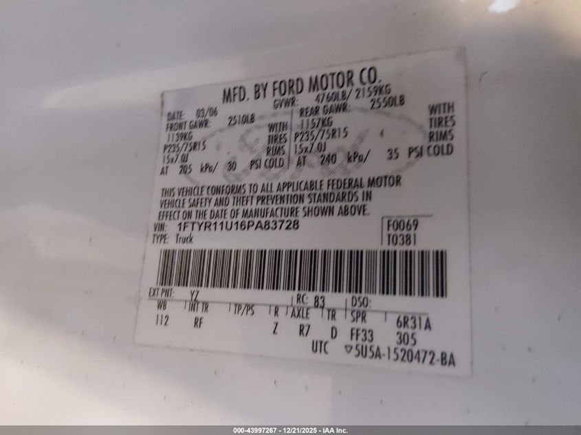 2006 Ford Ranger Sport/Xl/Xlt VIN: 1FTYR11U16PA83728 Lot: 43997267