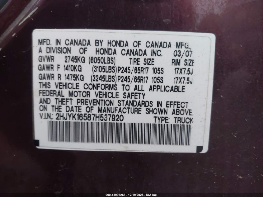 2007 Honda Ridgeline Rtl VIN: 2HJYK16587H537920 Lot: 43997268