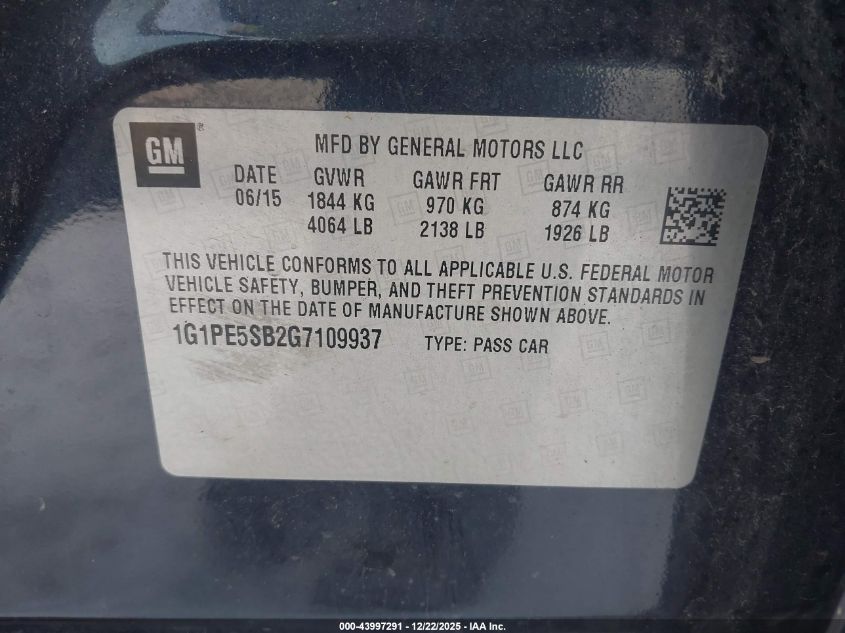 2016 Chevrolet Cruze Limited 1Lt Auto VIN: 1G1PE5SB2G7109937 Lot: 43997291