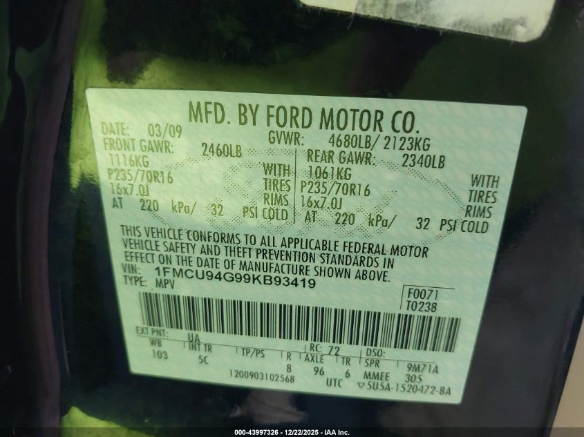 2009 Ford Escape Limited VIN: 1FMCU94G99KB93419 Lot: 43997326