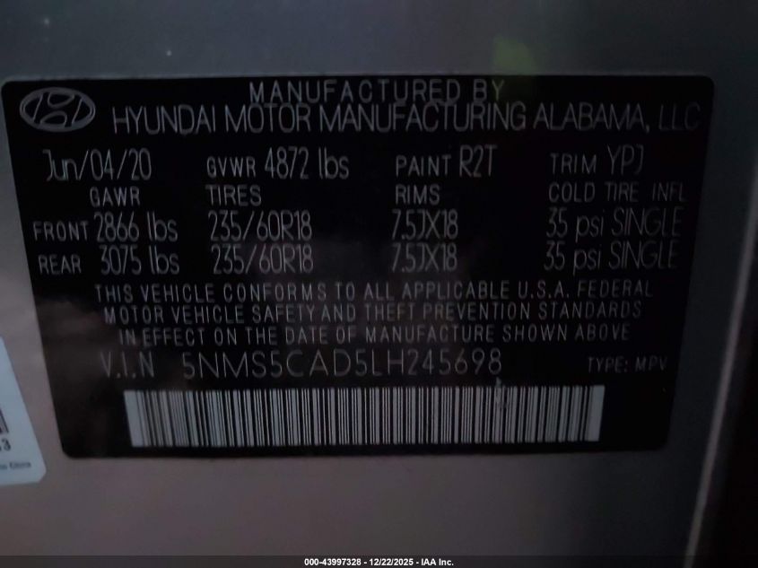 2020 Hyundai Santa Fe Limited VIN: 5NMS5CAD5LH245698 Lot: 43997328