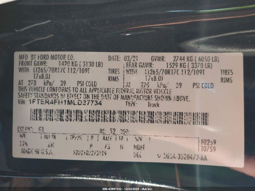 2021 Ford Ranger Xlt VIN: 1FTER4FH1MLD37734 Lot: 43997332