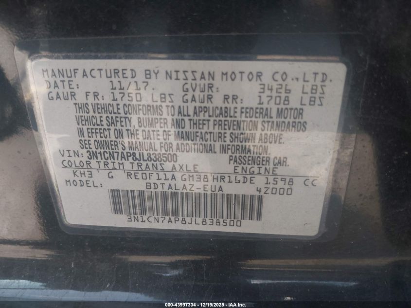 2018 Nissan Versa 1.6 S+ VIN: 3N1CN7AP8JL838500 Lot: 43997334