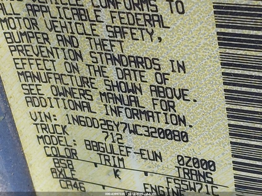 1998 Nissan Frontier Se/Xe VIN: 1N6DD26Y7WC320080 Lot: 43997335