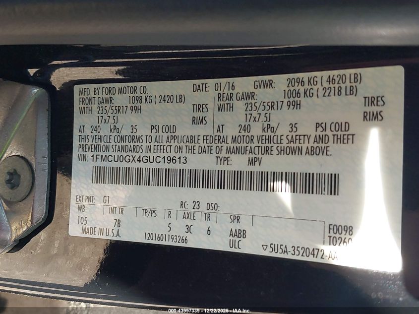 2016 Ford Escape Se VIN: 1FMCU0GX4GUC19613 Lot: 43997339