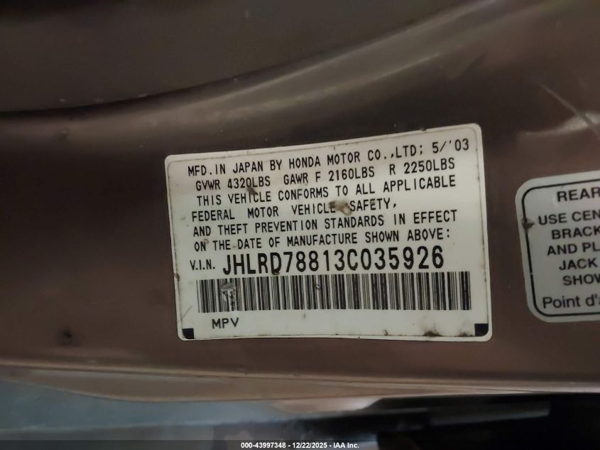 2003 Honda Cr-V Ex VIN: JHLRD78813C035926 Lot: 43997348