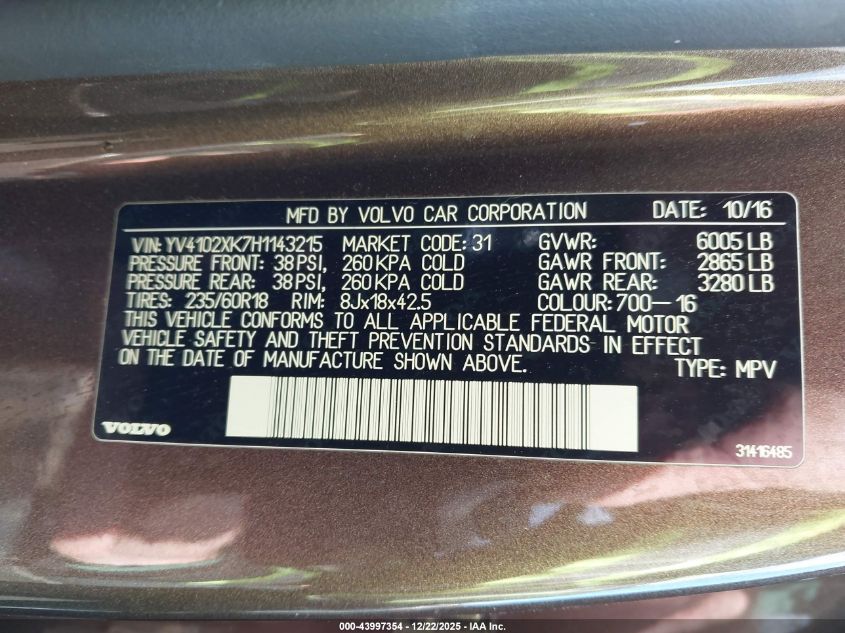 2017 Volvo Xc90 T5 Momentum VIN: YV4102XK7H1143215 Lot: 43997354