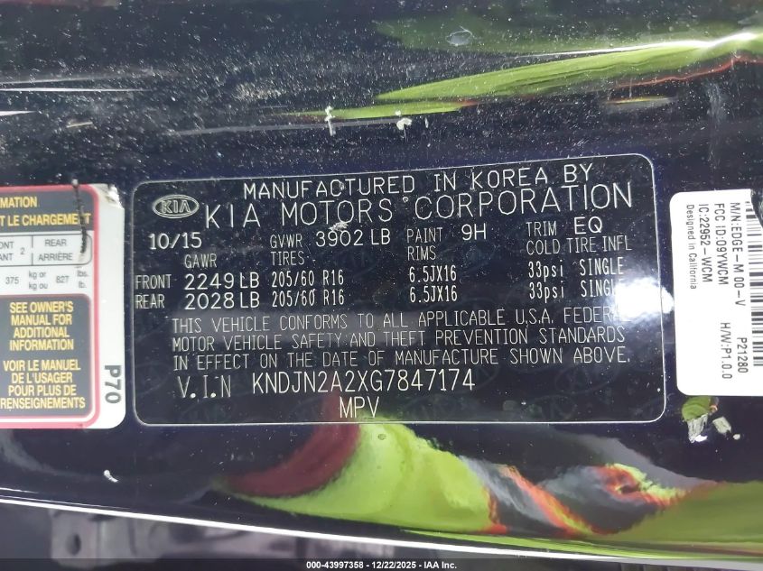 2016 Kia Soul VIN: KNDJN2A2XG7847174 Lot: 43997358