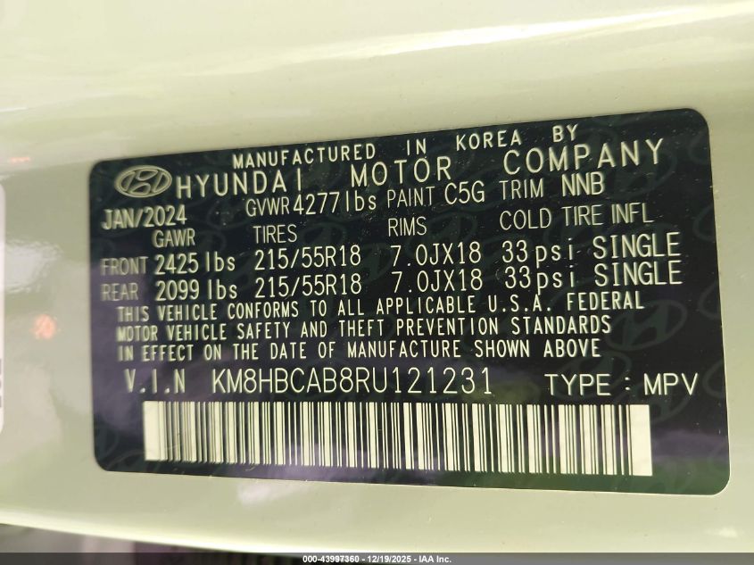 2024 Hyundai Kona Sel VIN: KM8HBCAB8RU121231 Lot: 43997360