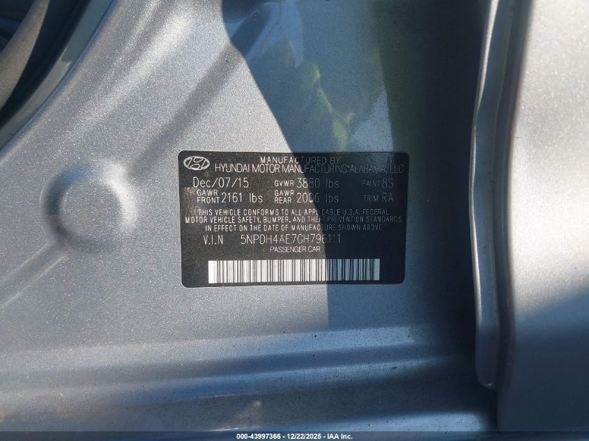 2016 Hyundai Elantra Se VIN: 5NPDH4AE7GH796111 Lot: 43997366