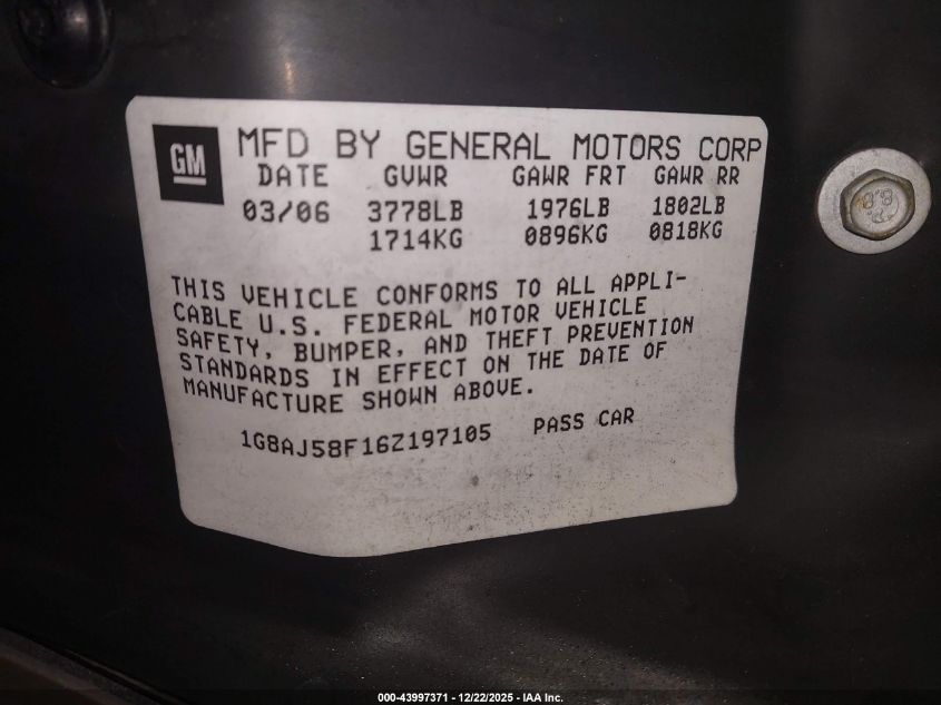 2006 Saturn Ion 2 VIN: 1G8AJ58F16Z197105 Lot: 43997371