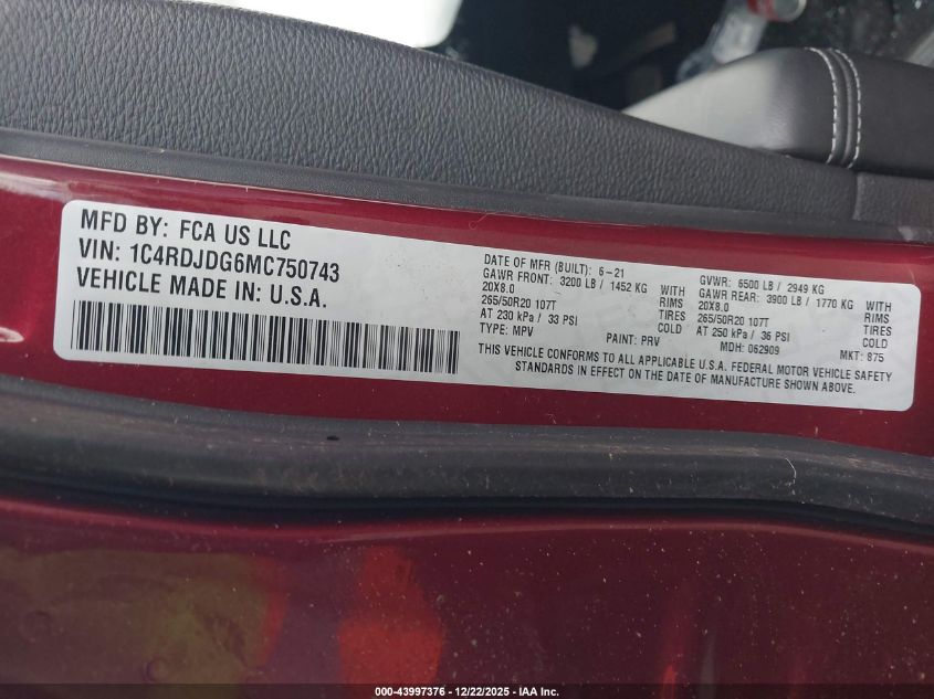 2021 Dodge Durango Gt Plus Awd VIN: 1C4RDJDG6MC750743 Lot: 43997376