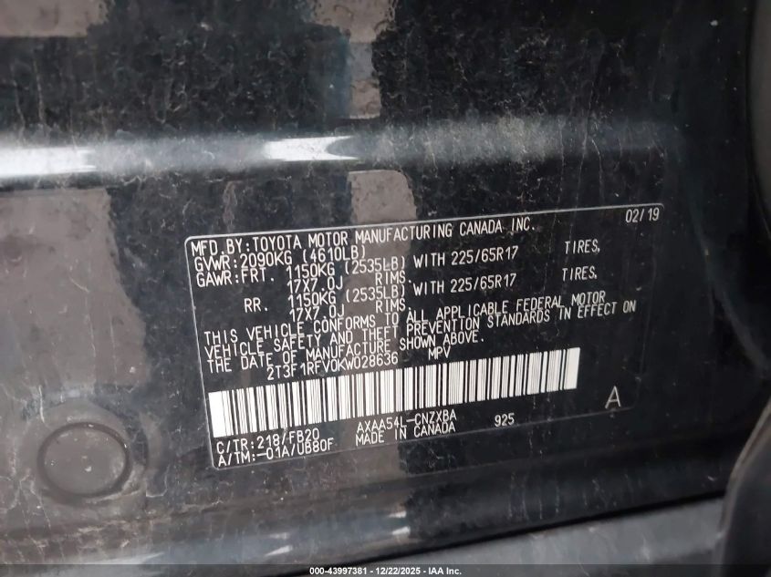 2019 Toyota Rav4 Le VIN: 2T3F1RFV0KW028636 Lot: 43997381