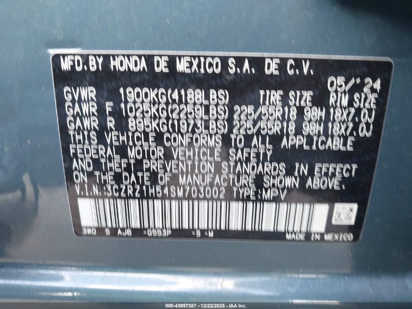 2025 Honda Hr-V 2Wd Sport VIN: 3CZRZ1H54SM703002 Lot: 43997387