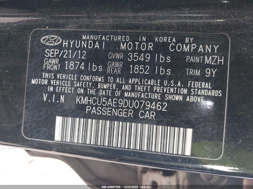 2013 Hyundai Accent Se VIN: KMHCU5AE9DU079462 Lot: 43997390