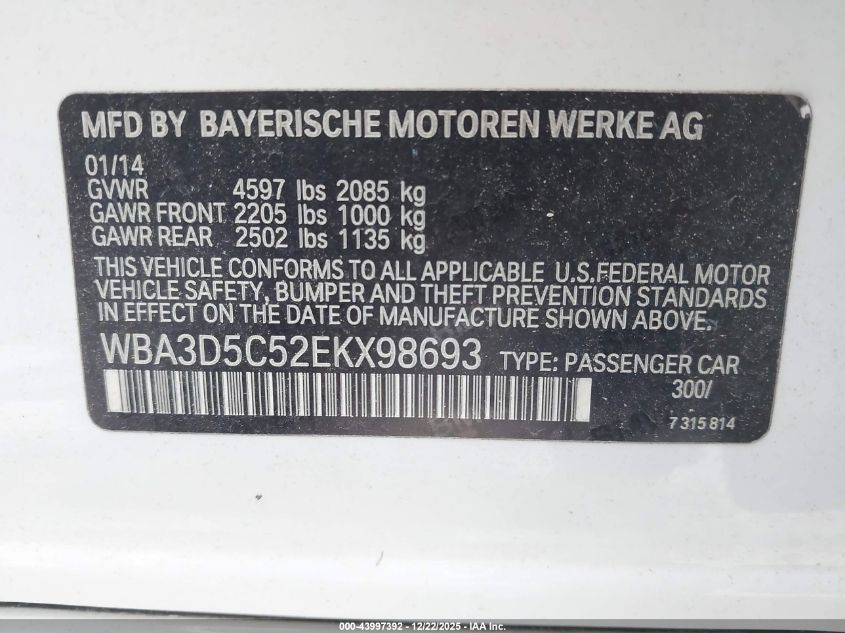 2014 BMW 328D xDrive VIN: WBA3D5C52EKX98693 Lot: 43997392