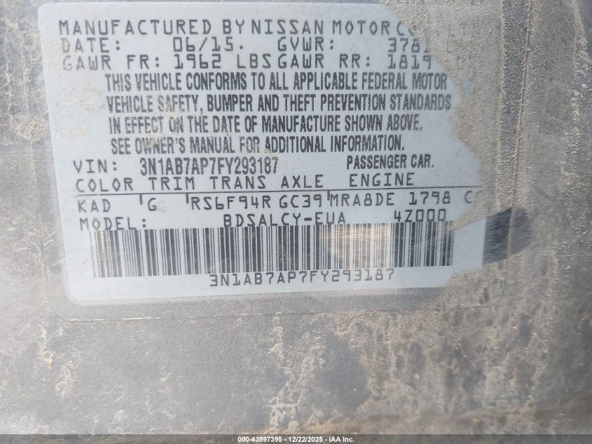 2015 Nissan Sentra S VIN: 3N1AB7AP7FY293187 Lot: 43997395