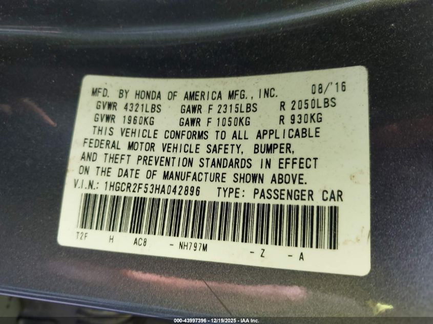 2017 Honda Accord Sport VIN: 1HGCR2F53HA042896 Lot: 43997396