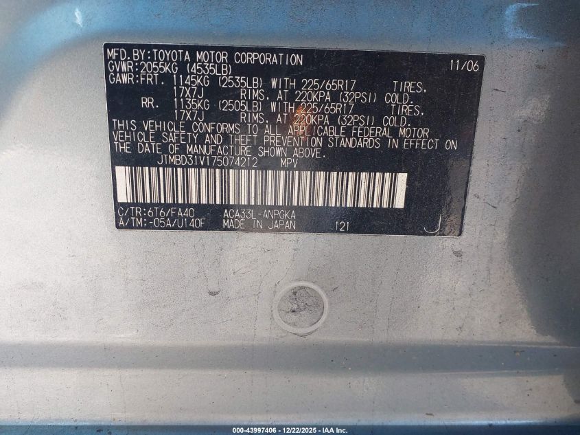 2007 Toyota Rav4 Limited VIN: JTMBD31V175074212 Lot: 43997406