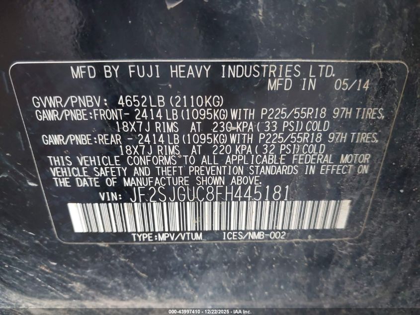 2015 Subaru Forester 2.0Xt Touring VIN: JF2SJGUC8FH445181 Lot: 43997410