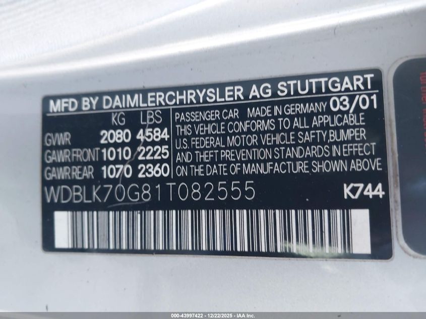 2001 Mercedes-Benz Clk 430 VIN: WDBLK70G81T082555 Lot: 43997422