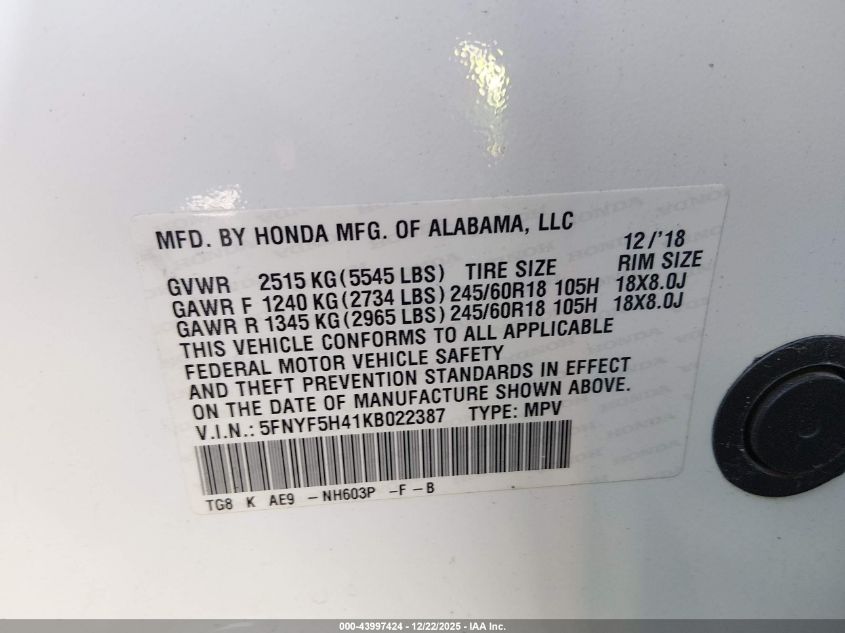 2019 Honda Pilot Ex-L VIN: 5FNYF5H41KB022387 Lot: 43997424
