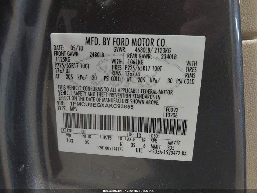 2010 Ford Escape Limited VIN: 1FMCU9EGXAKC93855 Lot: 43997428