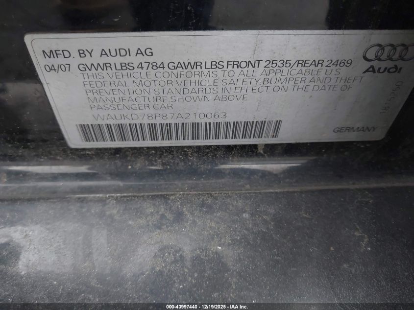 2007 Audi A3 3.2 VIN: WAUKD78P87A210063 Lot: 43997440