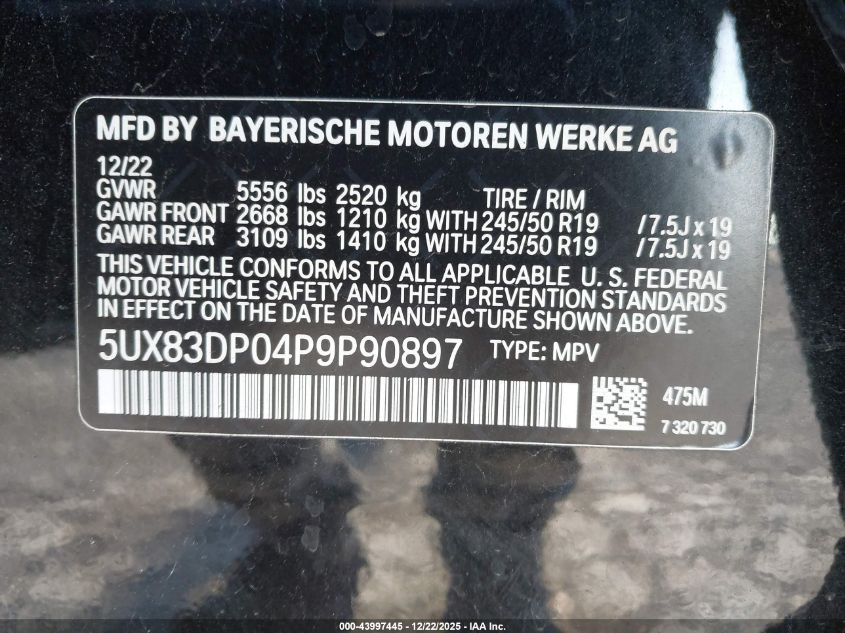 2023 BMW X3 M40I VIN: 5UX83DP04P9P90897 Lot: 43997445