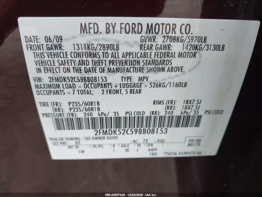 2009 Ford Flex Sel VIN: 2FMDK52C59BB08153 Lot: 43997446