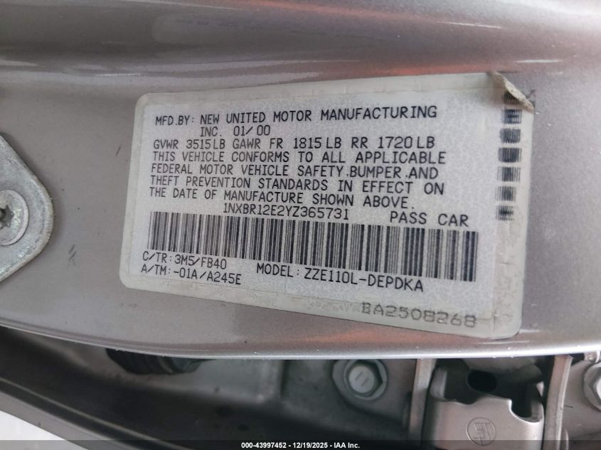 2000 Toyota Corolla Ce VIN: 1NXBR12E2YZ365731 Lot: 43997452