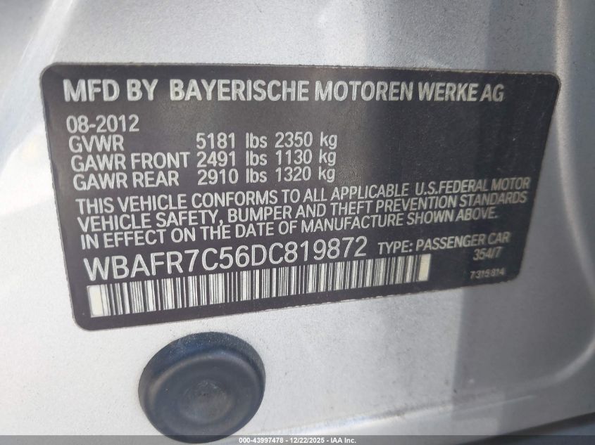 2013 BMW 535I VIN: WBAFR7C56DC819872 Lot: 43997478