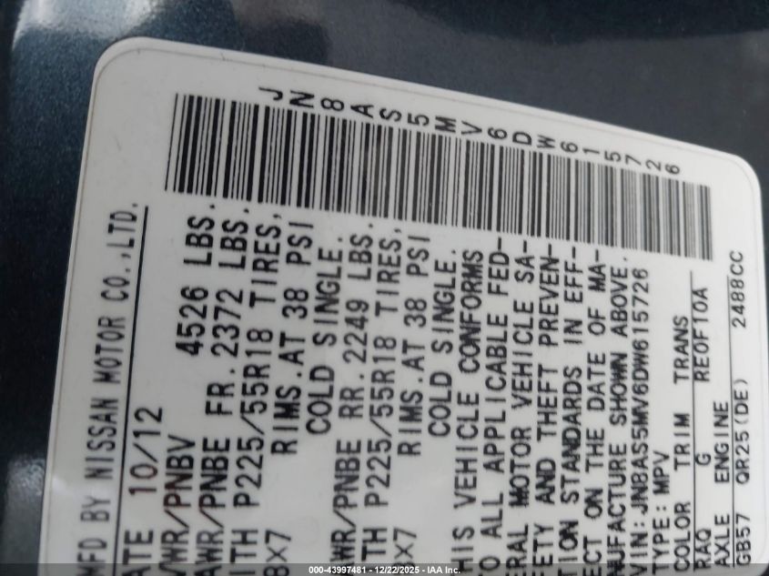 2013 Nissan Rogue Sv W/Sl Pkg VIN: JN8AS5MV6DW615726 Lot: 43997481