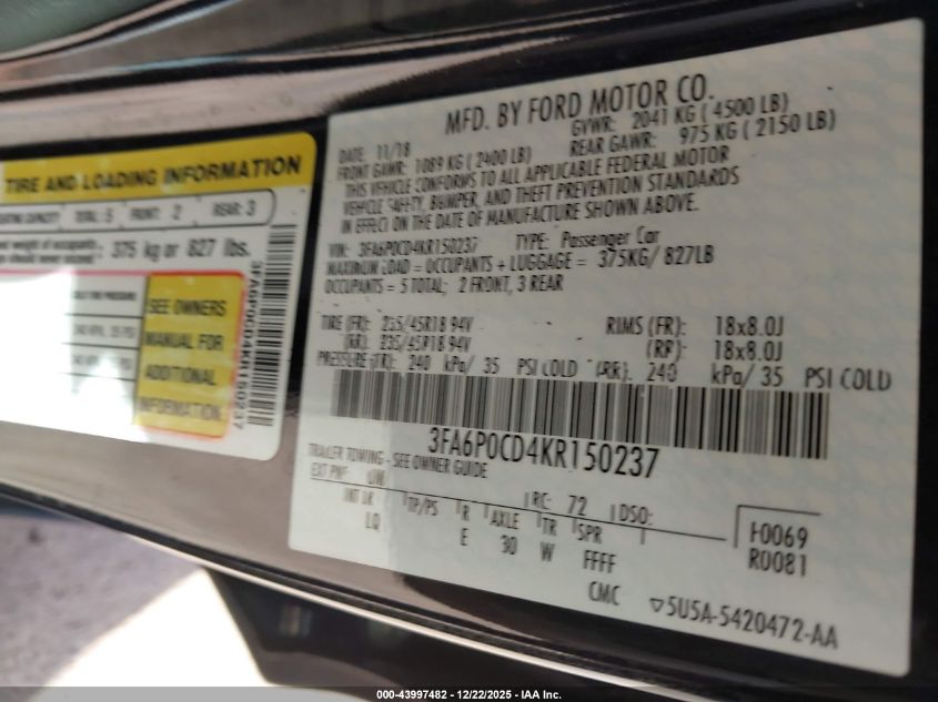 2019 Ford Fusion Sel VIN: 3FA6P0CD4KR150237 Lot: 43997482